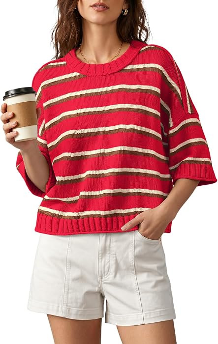 Nirovien Womens Short Sleeve Striped Sweater Crewneck Knitted Fall Sweaters | Amazon (US)
