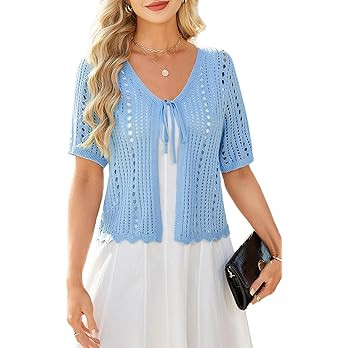 Yekaty Crochet Cardigans for Women Cropped Short Sleeve Tie Front Cardigan Lightweight Bolero Shr... | Amazon (US)
