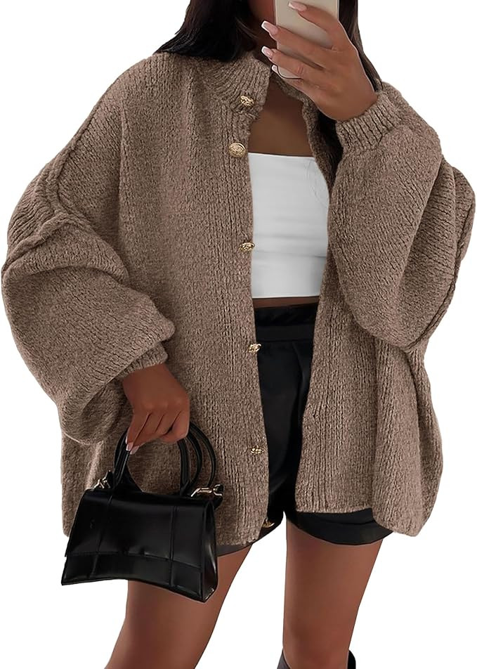 PRETTYGARDEN Women's Winter Button Down Cardigan Sweaters Mock Neck Lantern Long Sleeve Chunky Kn... | Amazon (US)