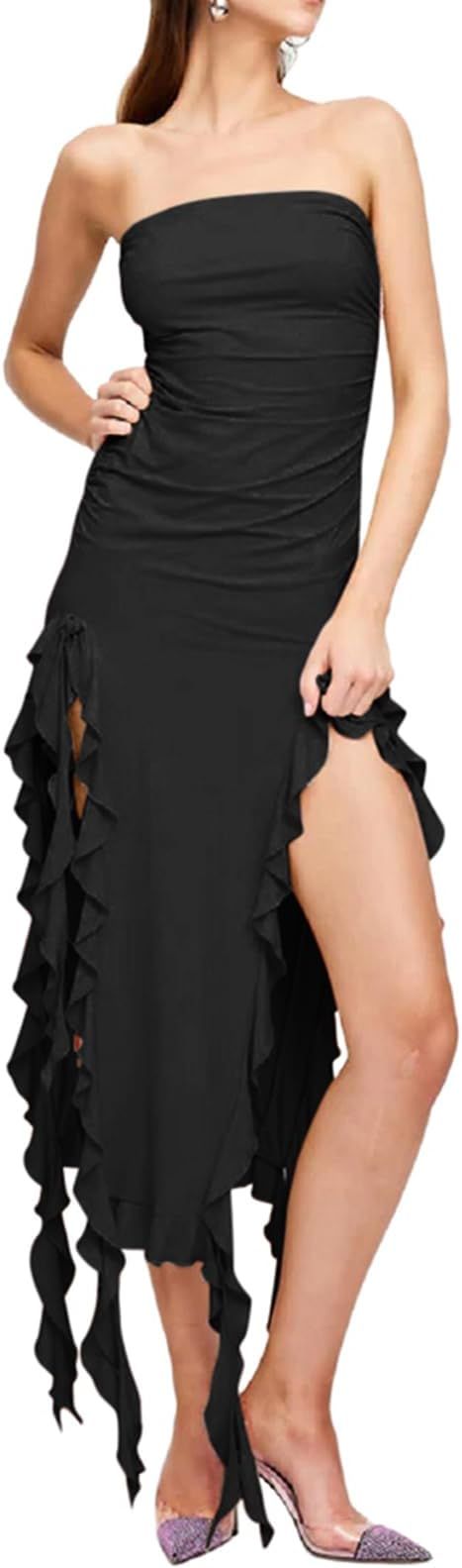 VNIRA Tube Dress for Women Sexy Ruffle Y2K Bodycon Strapless Slit Irregular Summer Party Night Cl... | Amazon (US)