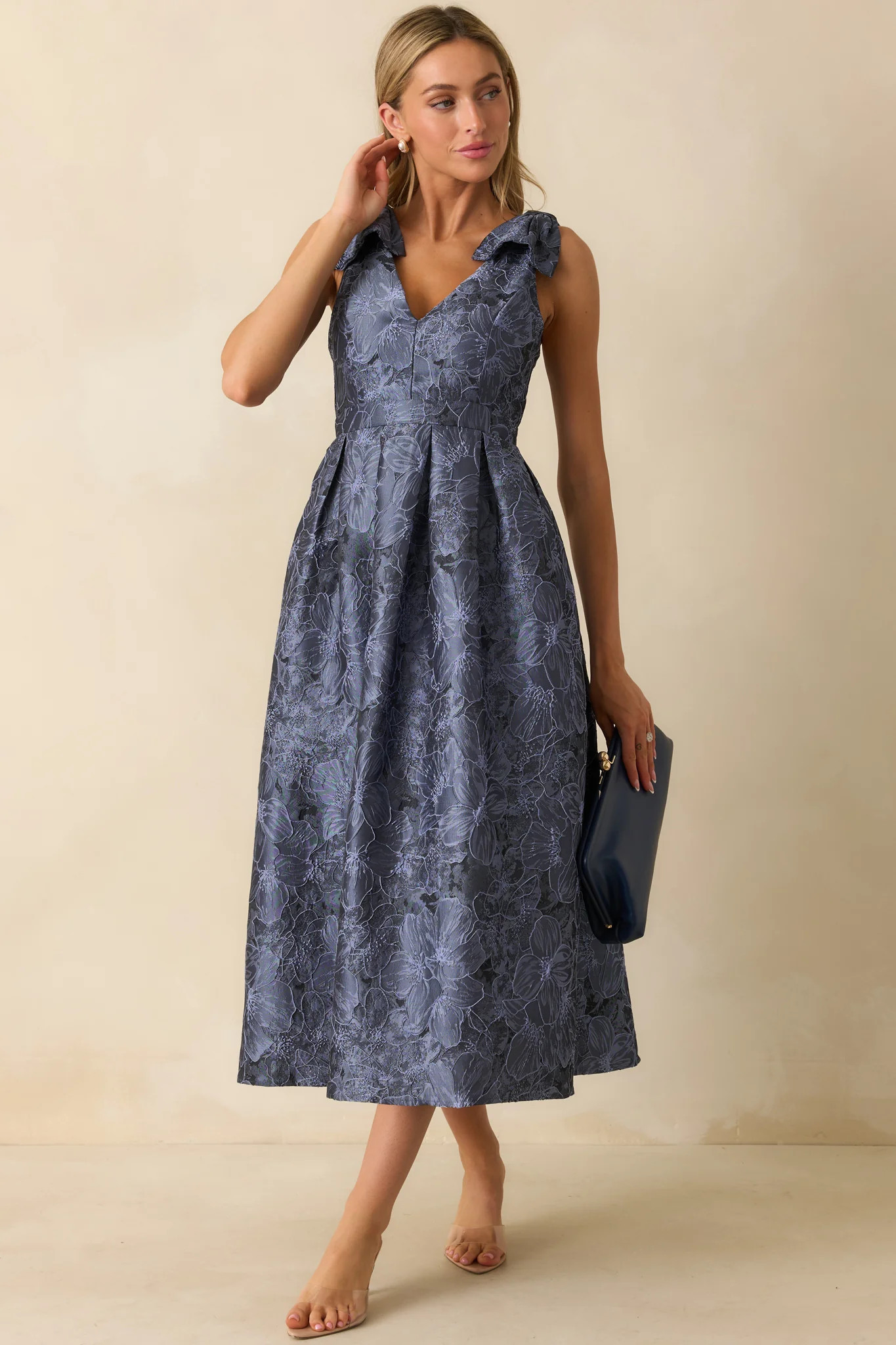 Enchanting Elegance Slate Blue Floral Jacquard Midi Dress | Red Dress
