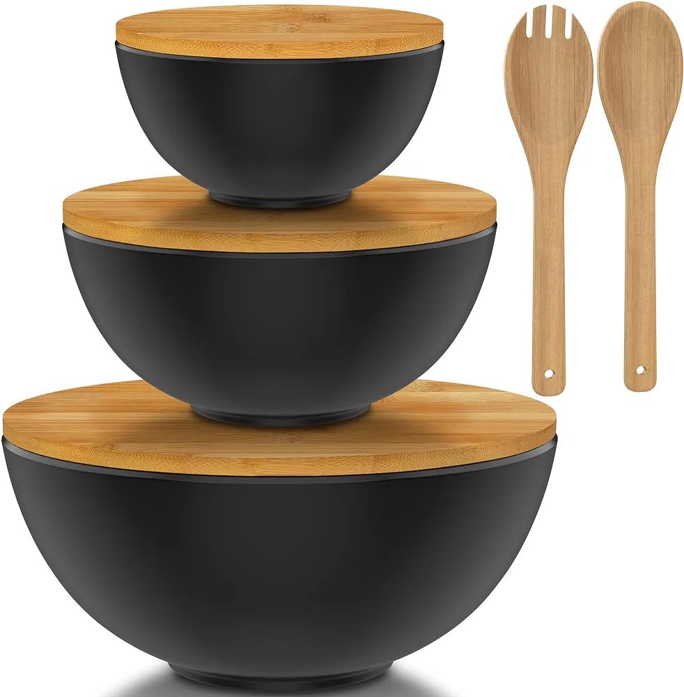 Bamboo Salad Bowl Set with Cutting Board Lids and Serving Utensils - Small, Medium and Big Salad ... | Amazon (US)