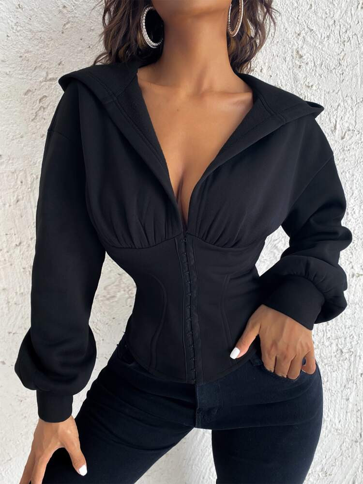 Hook And Eye Drop Shoulder Crop Hoodie | SHEIN
