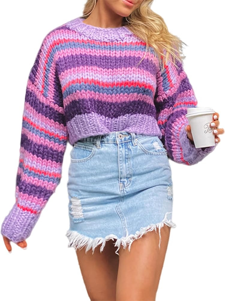 ZAFUL Women's Color Block Striped Sweater Crew Neck Lantern Sleeve Cropped Sweaters Casual Loose ... | Amazon (US)