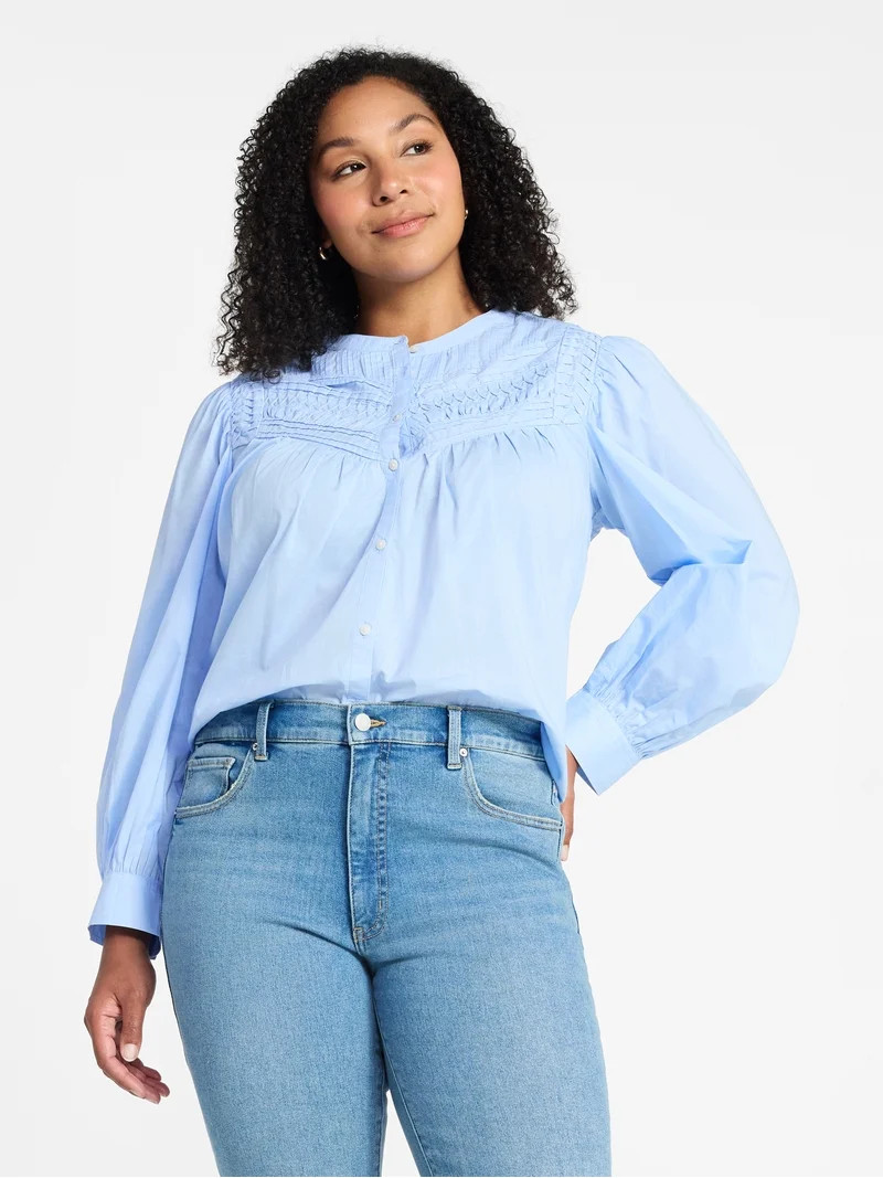 Time and Tru Women's Textured Yoke Cotton Blouse with Long Puff Sleeves, Sizes XS-XXXL | Walmart (US)