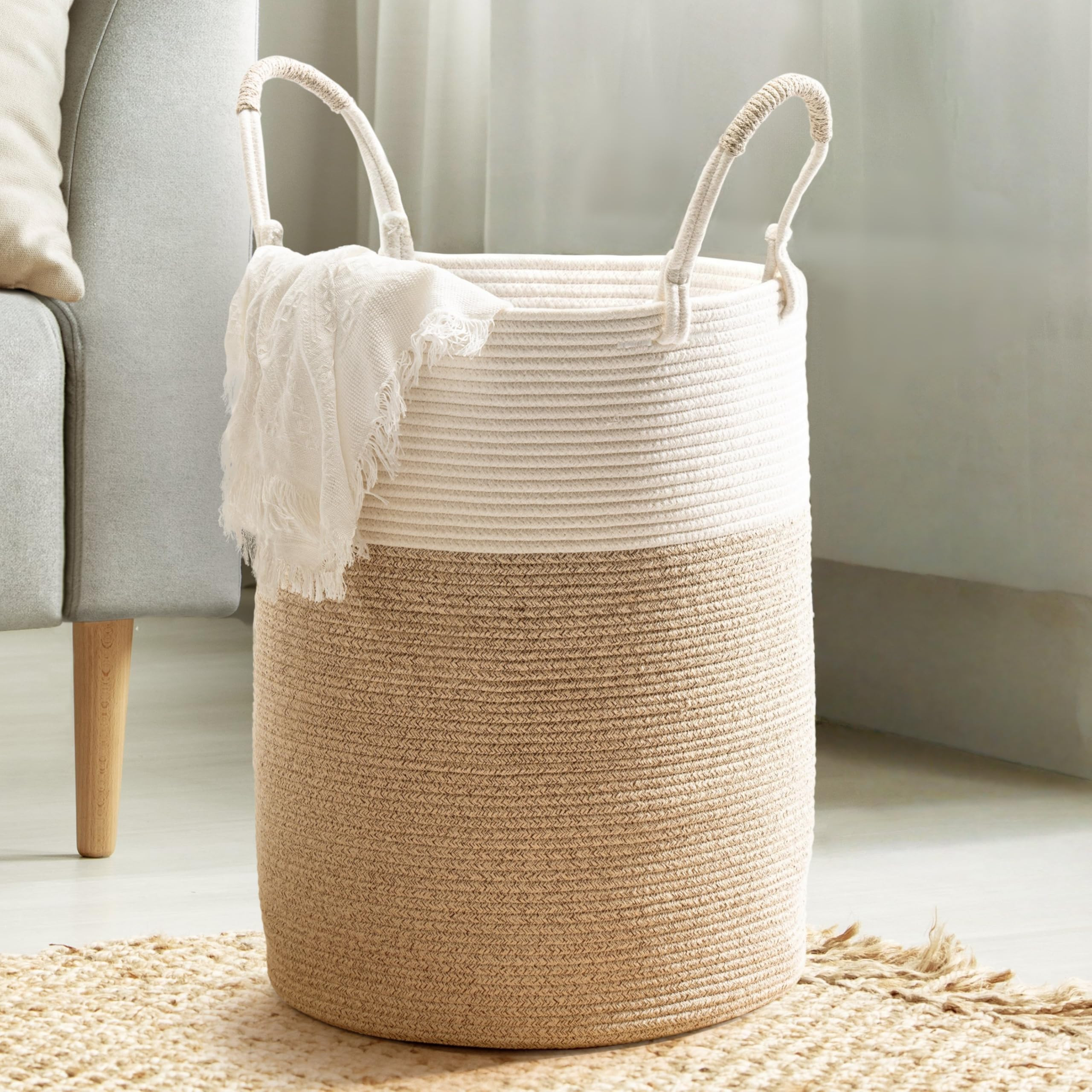 Laundry Basket Hamper – Woven Cotton Rope Nursery Hamper for Clothes, Blankets, Yoga Mat – Bo... | Amazon (CA)