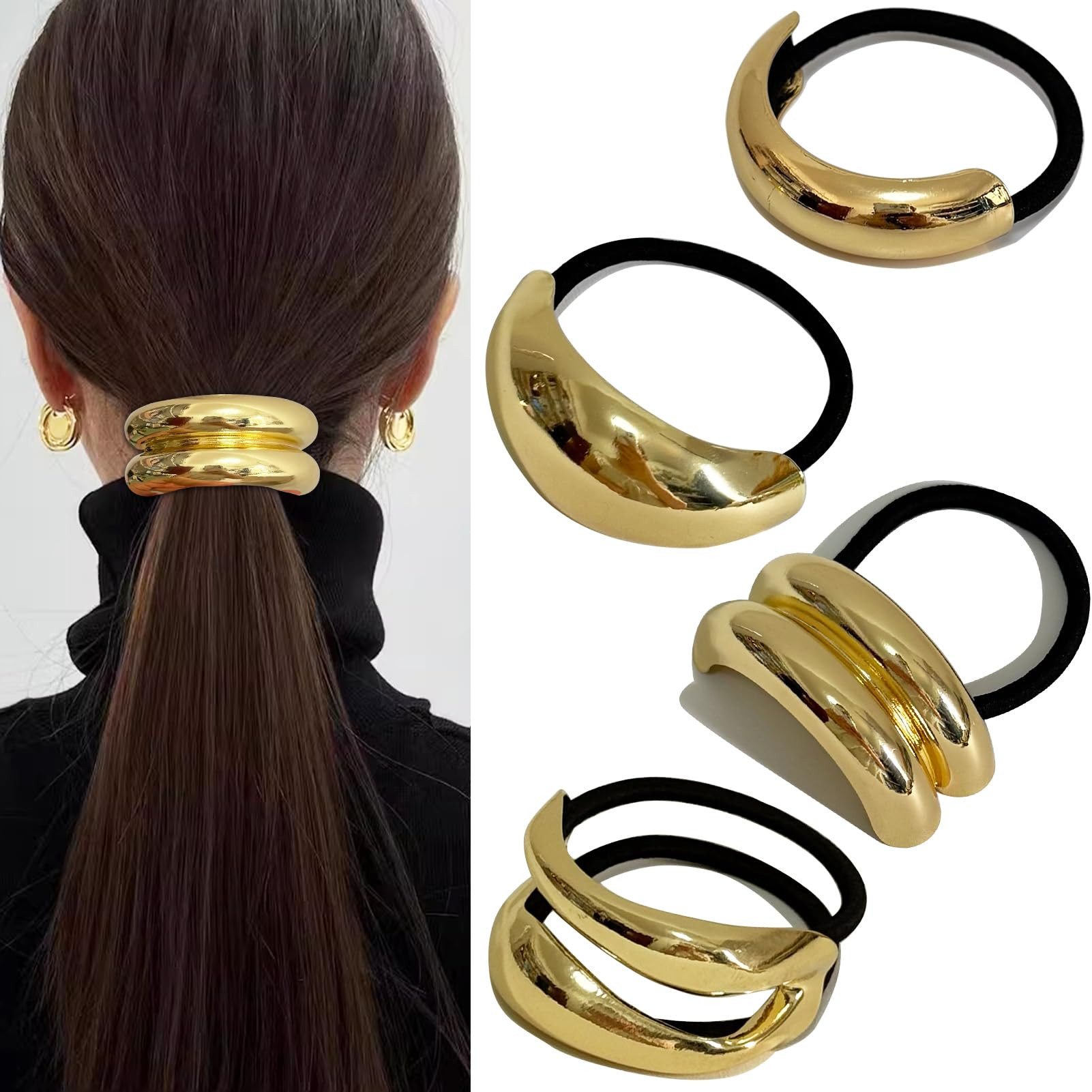 4PCS Golden Metal Hair Ties – No Damage Thick Band, High Elasticity, Durable, Stylish Golden Ge... | Amazon (US)