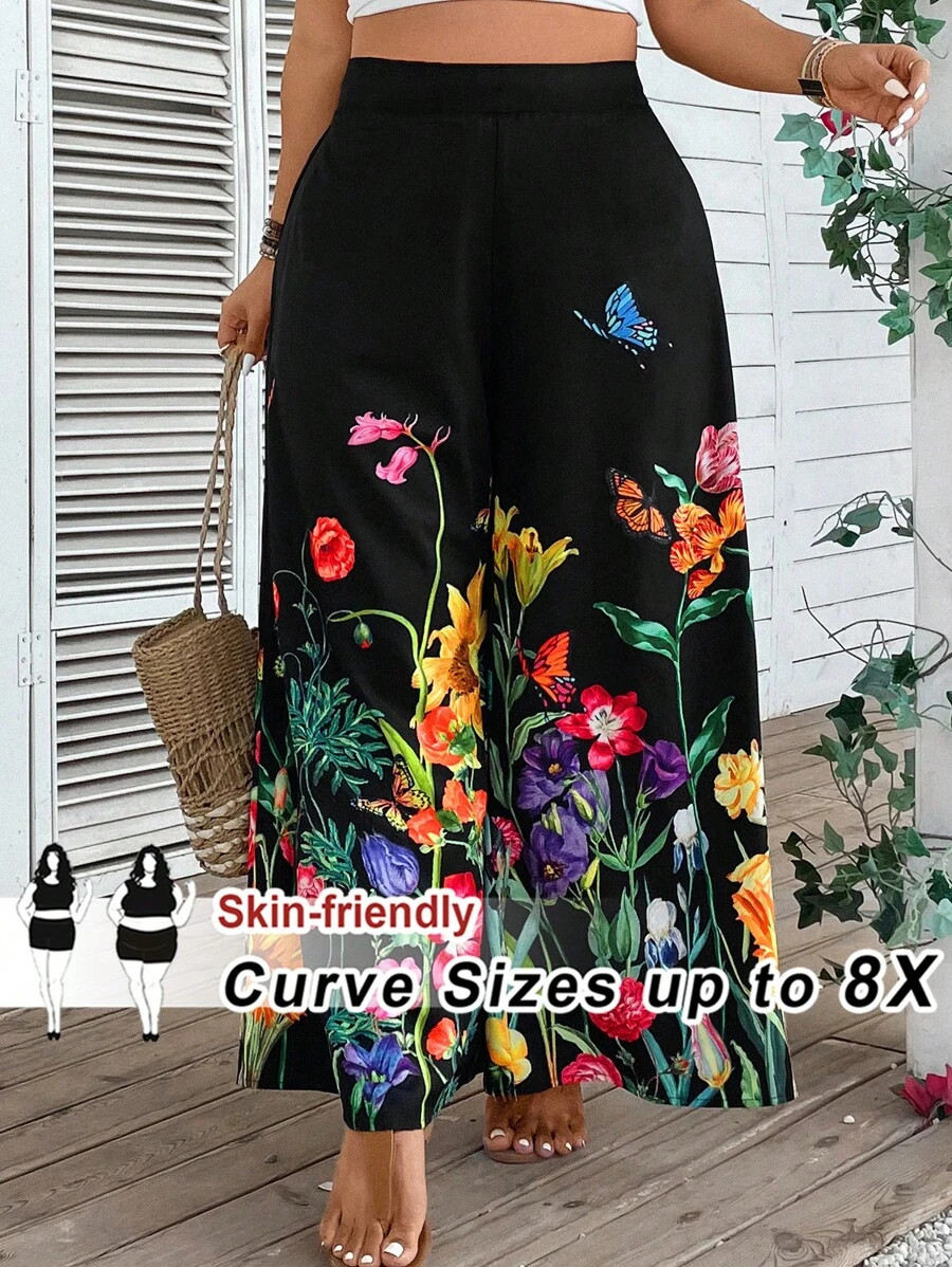 SHEIN CURVE+ Plus Size Women's Vacation Floral Print High Waist Wide Leg Pants, Summer, Beach Res... | SHEIN