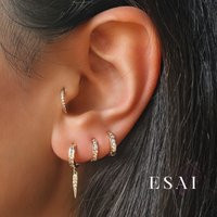 14K Solid Gold Spike Huggie Earrings With Cubic Zirconia Stones, Huggies, Dangling Charm Huggies | Etsy (US)