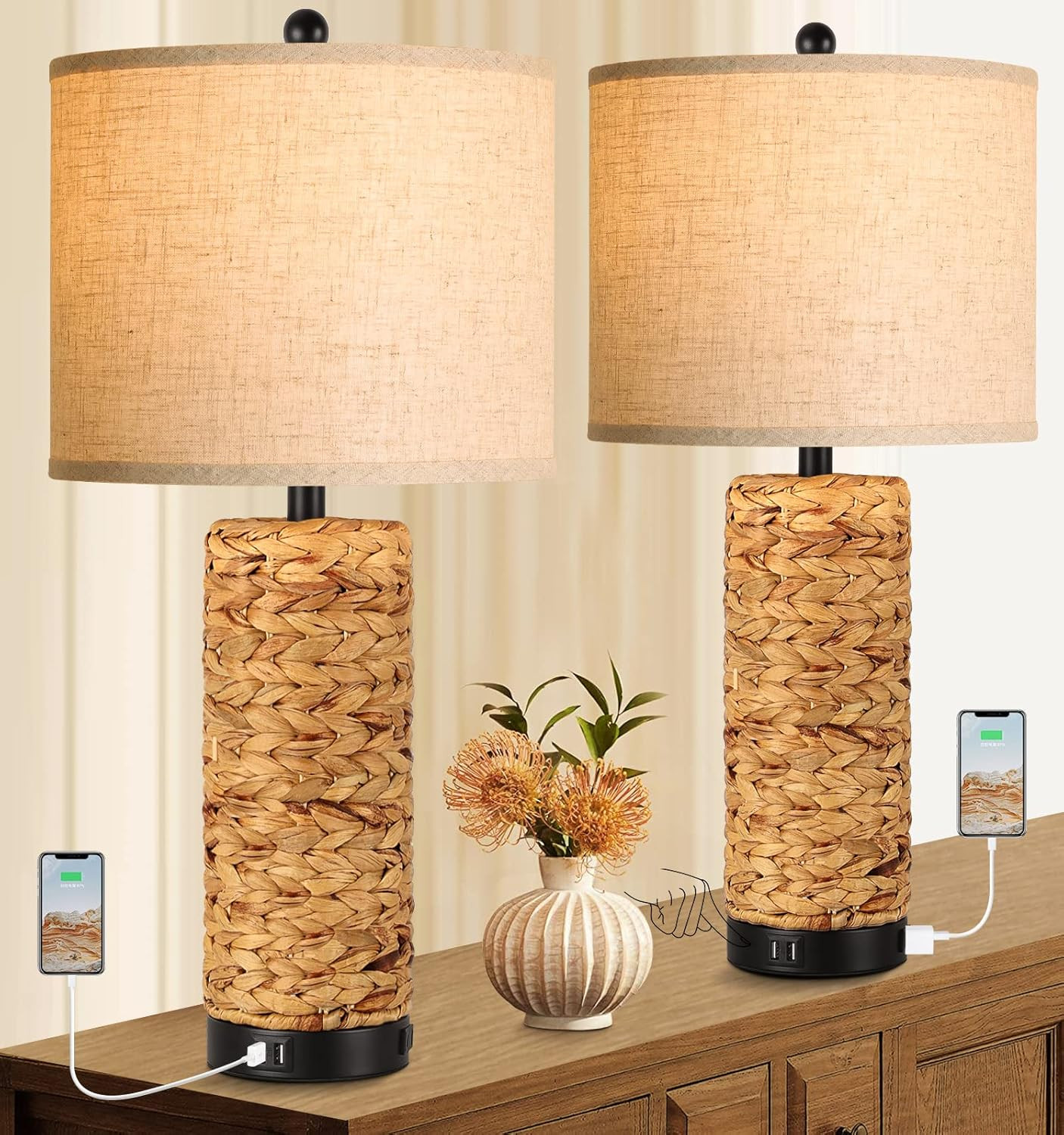 Set of 2 Rustic Touch Table Lamps for Bedroom 3 Way Dimmable Modern Farmhouse Nightstand Lamps fo... | Amazon (US)
