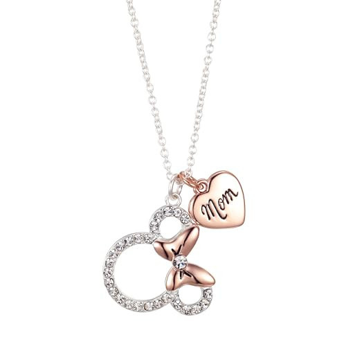 Disney Minnie Mouse Rose Gold Two-Tone Crystal Mom Heart Pendant Necklace for Women, Silver Plated Brass, Gift for Mom Birthday Mother's Day | Amazon (US)