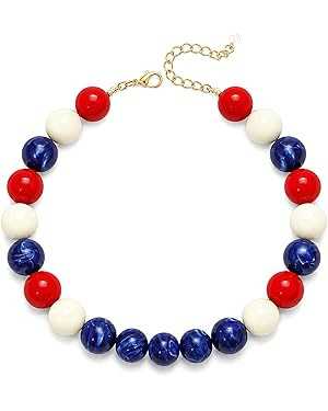 Long tiantian Patriotic Necklace for Women Red White and Blue Large Bead Necklace American Flag I... | Amazon (US)