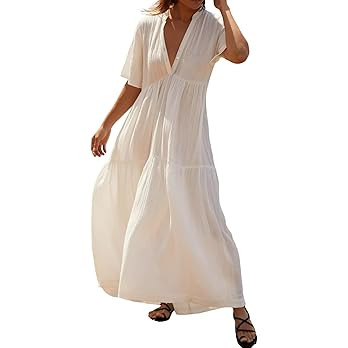 R.Vivimos Womens Summer Cotton Flowy Maxi Dress Short Sleeve V Neck Empire Waist Boho Tiered Ruff... | Amazon (US)