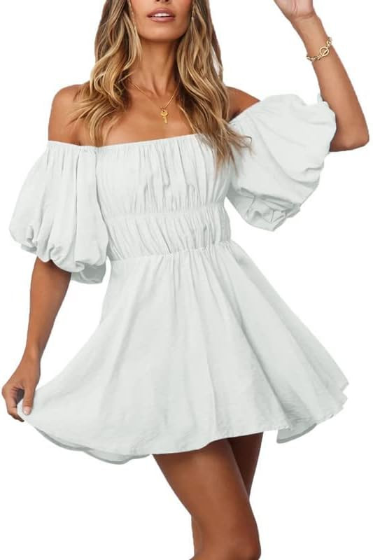 Dokotoo Womens Off Shoulder Summer Dresses Short Lantern Sleeve Ruffle Elastic Waist A-Line Casua... | Amazon (US)