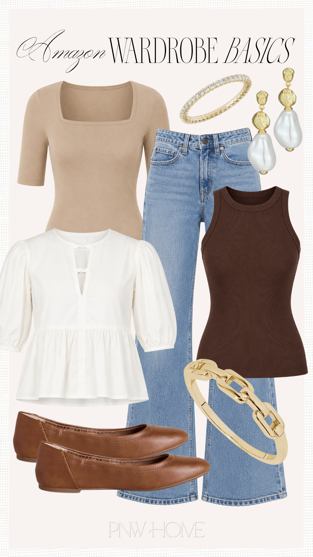 Wardrobe basics from Amazon!

wide leg jeans, medium wash denim, brown tank top, fitted tee, fitted t-shirt, tan top, white blouse, puff sleeve top, brown flats, diamond ring, gold bracelet, pearl earrings, neutral fashion, neutral looks, mom looks, mom style, mom style, fall fashion, fall looks, fall outfit, fall style 

 #LTKgrwm #LTKootd #LTKmomlife