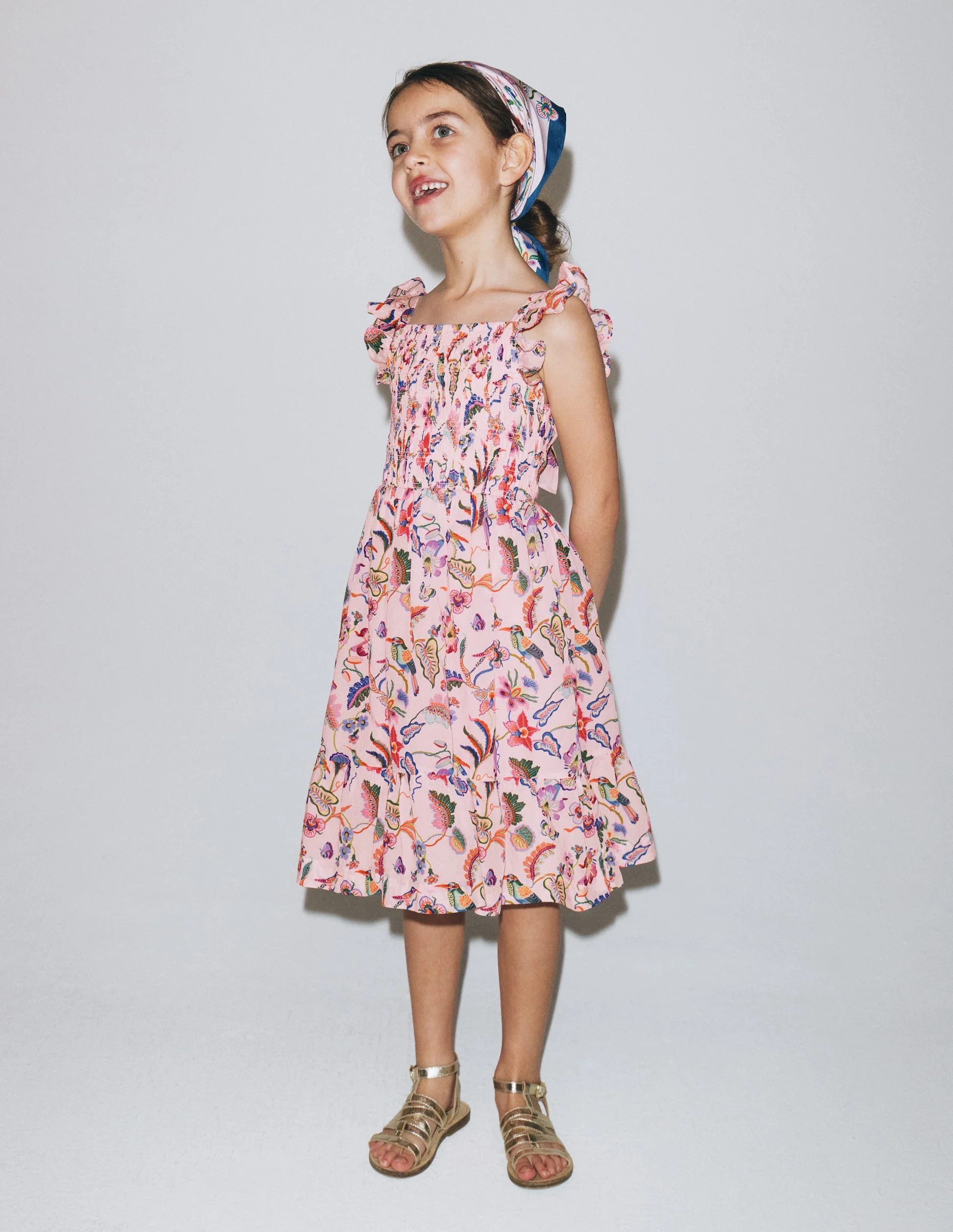 Shirred Bow Back Detail Dress-Multi Pink Floral | Boden (US)