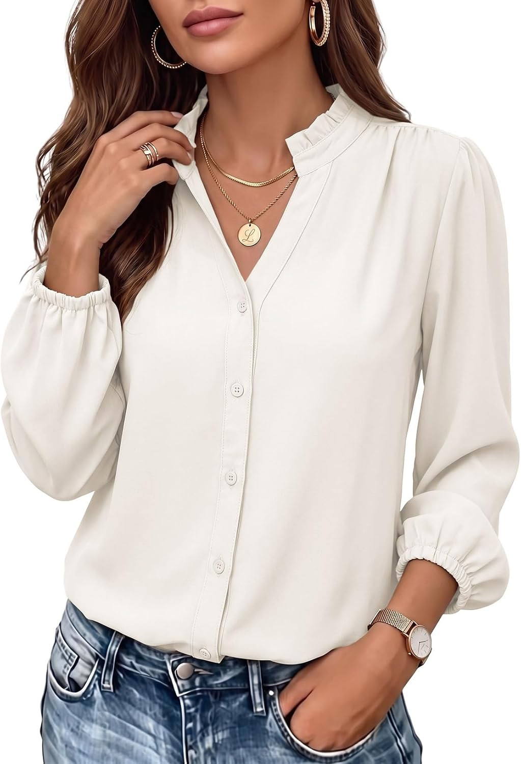 Dokotoo Blouses for Women Dressy Casual V Neck Button Down Shirts | Amazon (US)