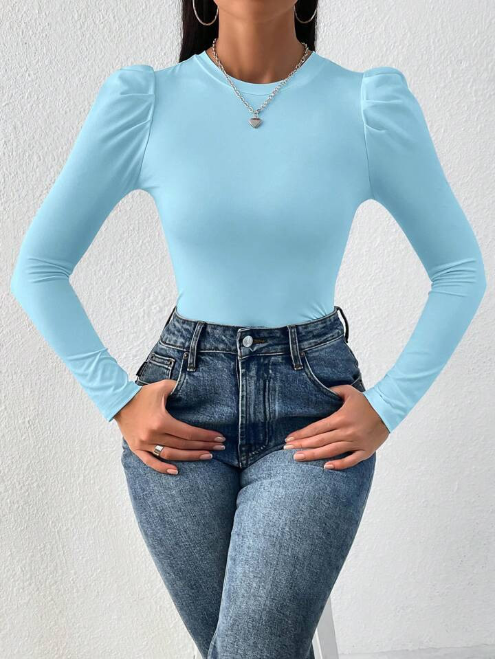 SHEIN Privé Solid Puff Sleeve Slim Fit Tee | SHEIN