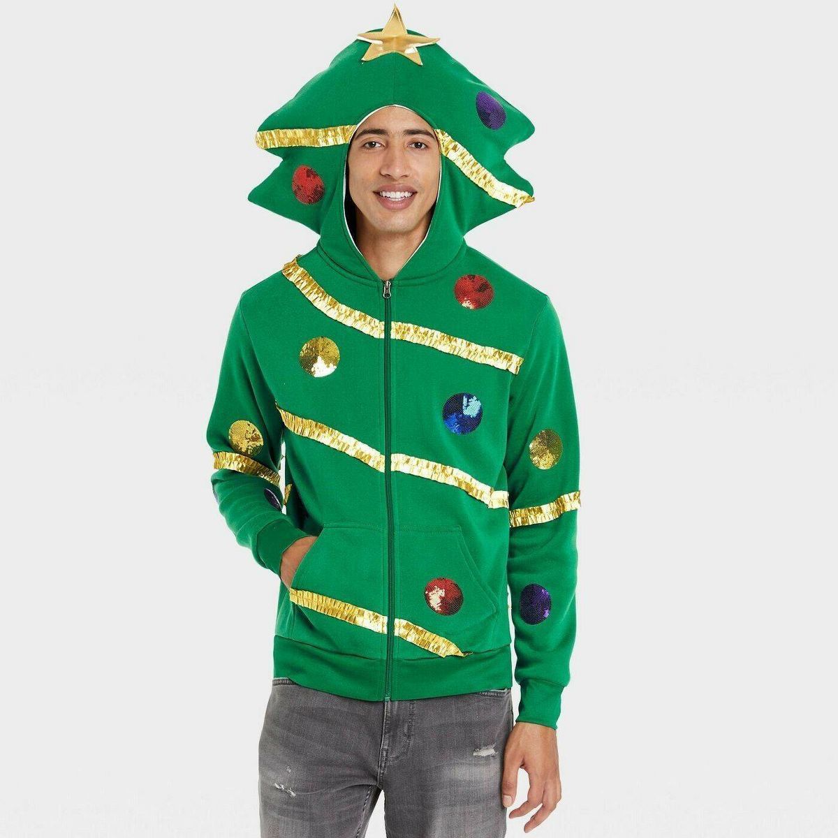 Men's Holiday Christmas Tree Zip-Up Sweatshirt - Green | Target