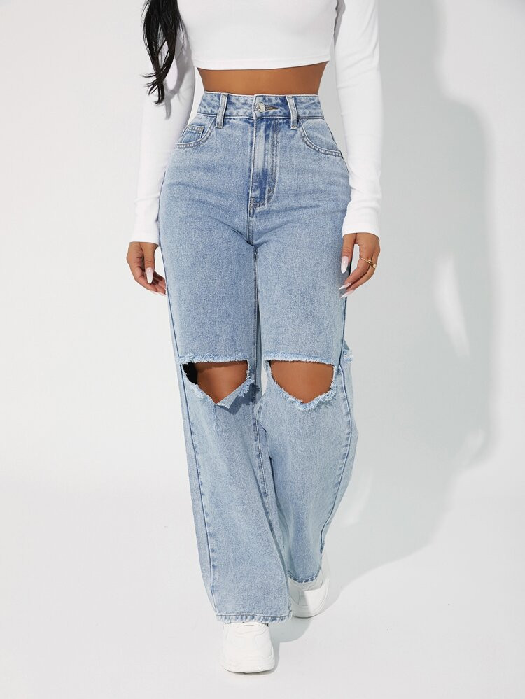 SHEIN PETITE High Waist Cut Out Straight Leg Jeans | SHEIN