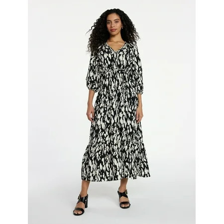 Time and Tru Women s V-Neck Maxi Dress with ¾-Length Sleeves Sizes XS-XXXL | Walmart (US)