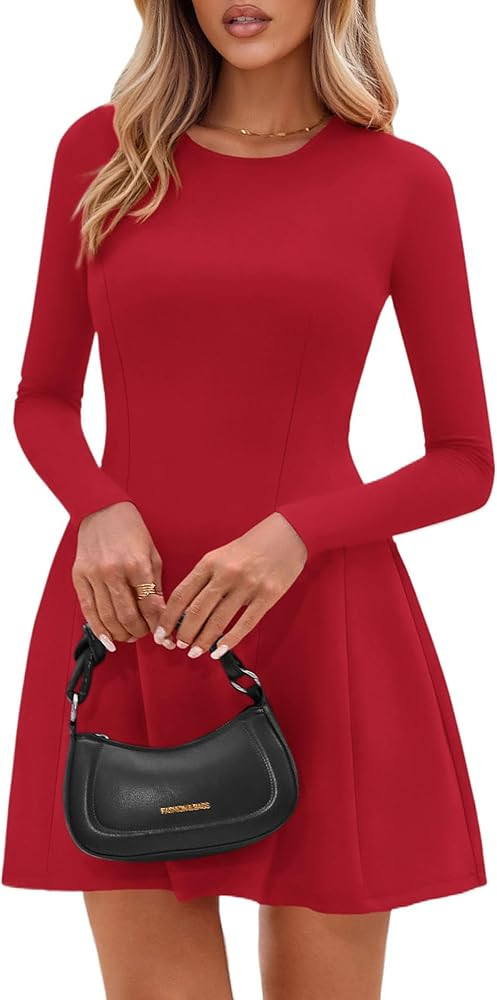 PRETTYGARDEN Long Sleeve Mini Dress for Women 2026 Spring Crewneck Knit Pleated Babydoll A Line C... | Amazon (US)