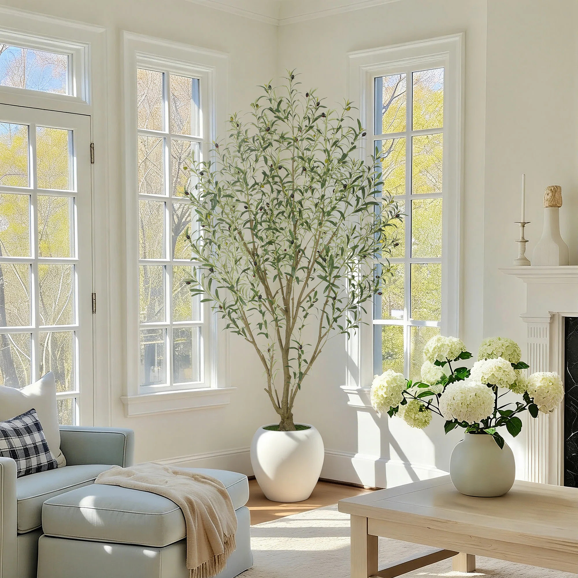 5/6/7/8/9ft Grand Artificial Olive Tree in White Planter - Large Faux Multi-Trunk Floor Plant for High Ceilings - Minimalist & Modern | Wayfair North America