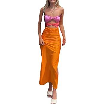 Seyumixi Women Hollow Out Long Dress Bodycon Backless Maxi Dress V Neck Spaghetti Strap Cocktail ... | Amazon (US)