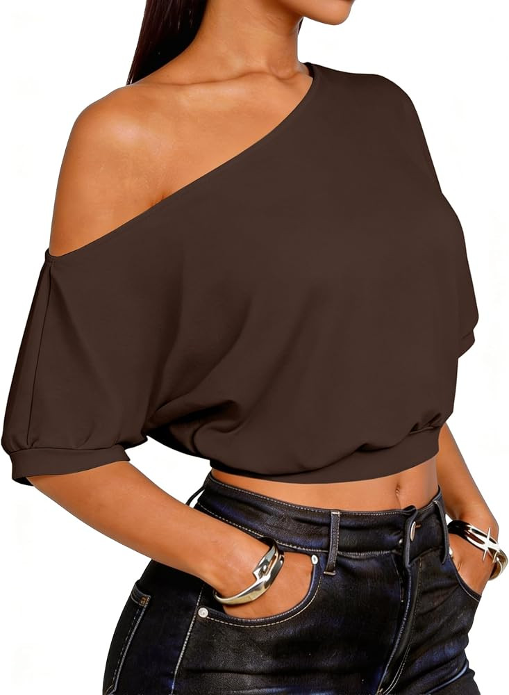 LovelyWholesale Womens Off The Shoulder Crop Tops Sexy Dolman Sleeve Cropped T Shirts | Amazon (US)