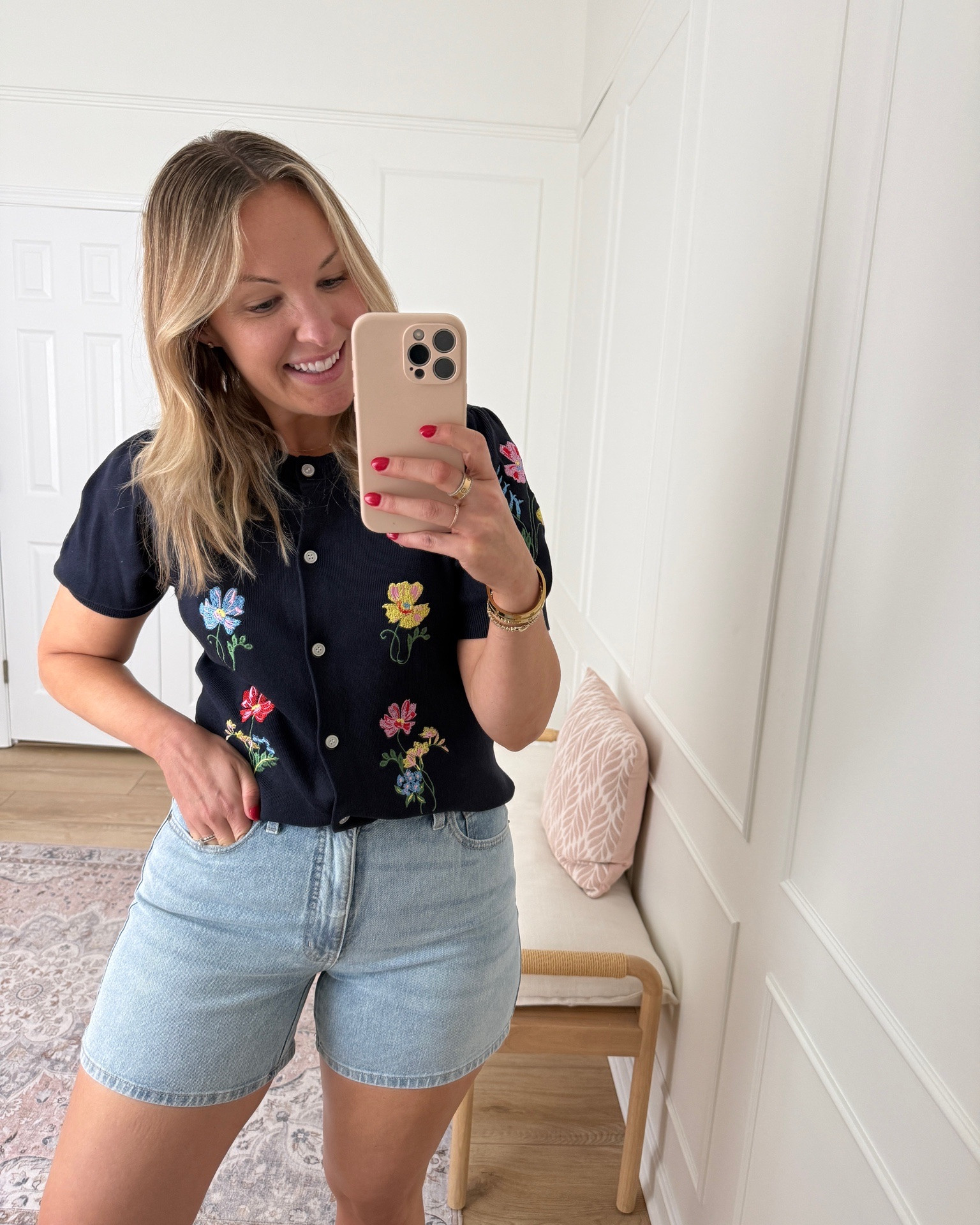 Floral cardigan and light wash denim shorts - med top and large / size 10 shorts