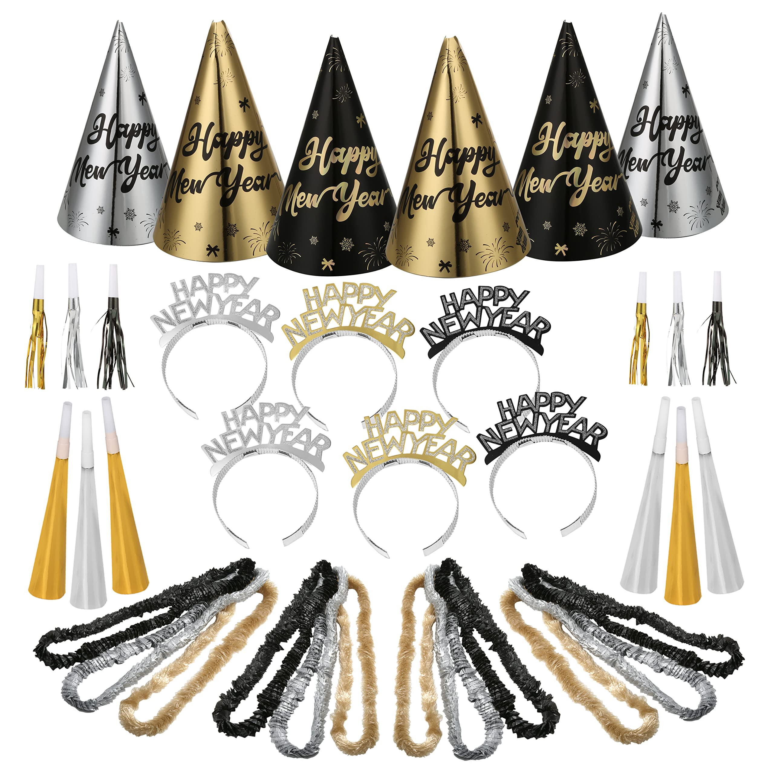 Auihiay 2026 New Year Eve Party Supplies - Includes Cone Hats, Glitter Tiaras, Horns, Noise Maker... | Amazon (US)
