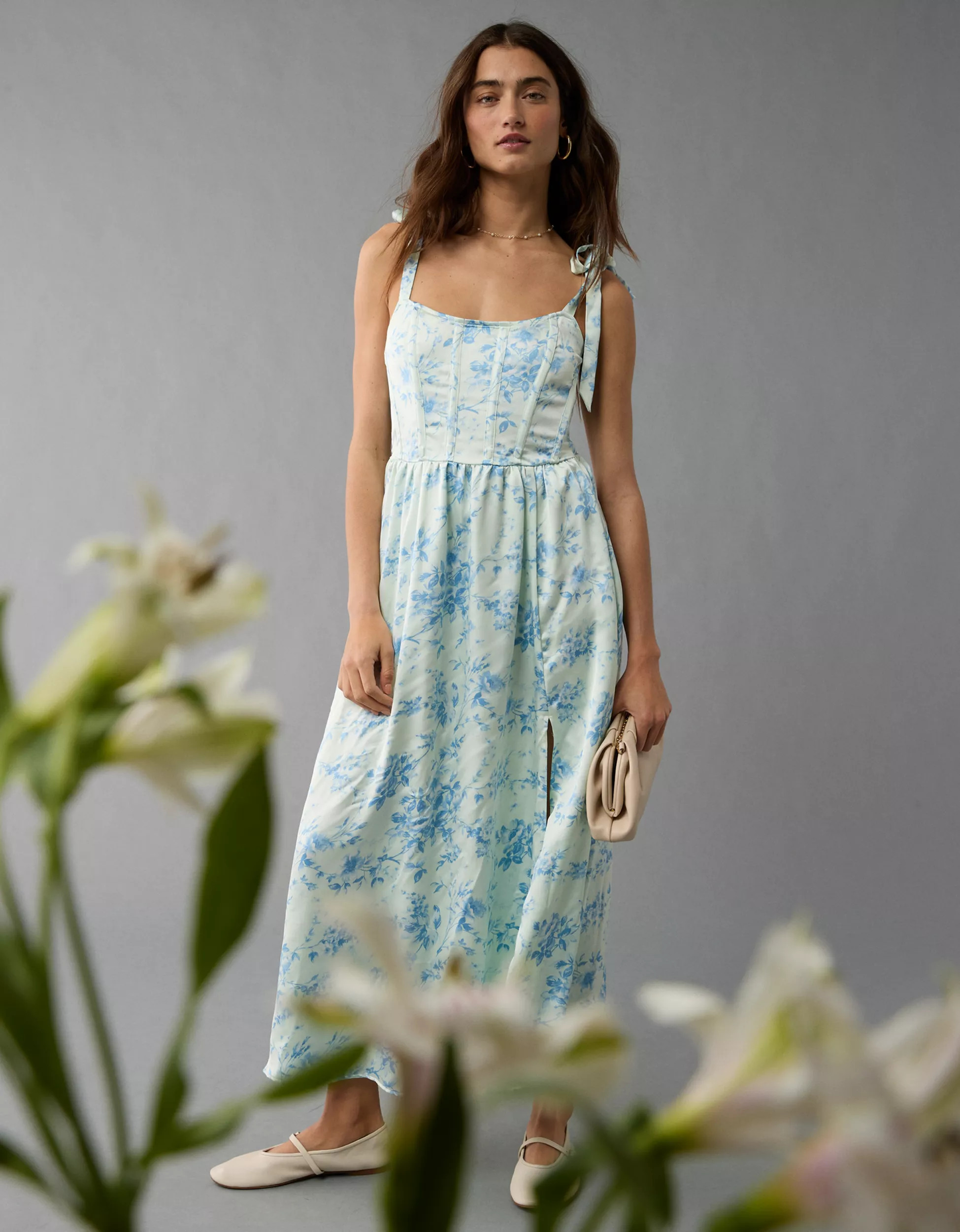AE Corset Tie Strap Floral Midi Dress | American Eagle Outfitters (US & CA)