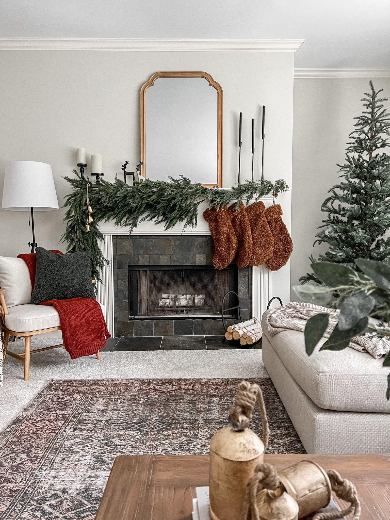 Neutral Christmas living room 



Christmas decor holiday decor Christmas tree mantel decor neutral area rug living room decor small living room living room sofa coffee table stockings Christmas bells accent chair throw pillow lamp Loloi rugs 

#LTKsalealert #LTKhome #LTKunder50