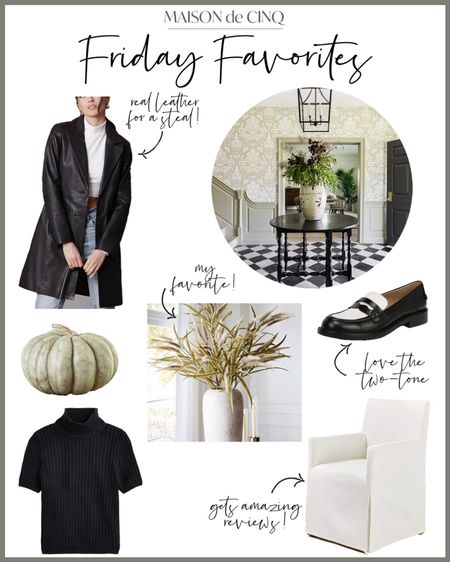 Friday Favorites is full of great fall finds this week! Like a leather  coat for a great price, two tone shoes, faux pumpkins that look so real, my favorite faux stems, and more!

#falloutfit #homedecor #falldecor  #loafers #sweater #diningchair #target #jcrew #nordstrom 

#LTKunder50 #LTKhome #LTKSeasonal