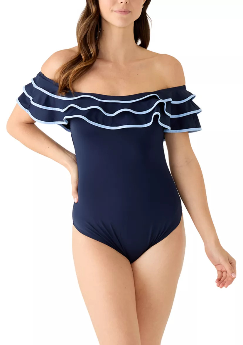 Women's Contrast Off Shoulder Bandeau One Piece Swimsuit | Belk