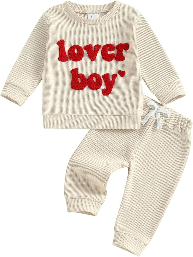 Lesimsam Toddler Baby Boy Valentines Outfit Lover Boy Embroidery Long Sleeve Waffle Knit Sweatshi... | Amazon (US)