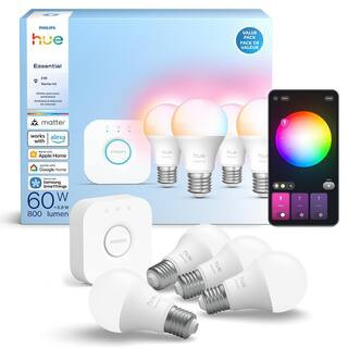 Essential 60-Watt Equivalent A19 Smart LED Color Changing Light Bulb Starter Kit (4-Bulbs and Bri... | The Home Depot