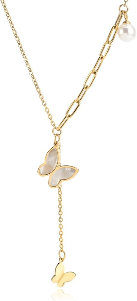 FOESSD Butterfly Necklace - Gold Silver Pearl Dainty Double Butterfly Chokers Necklaces Y Chain J... | Amazon (US)