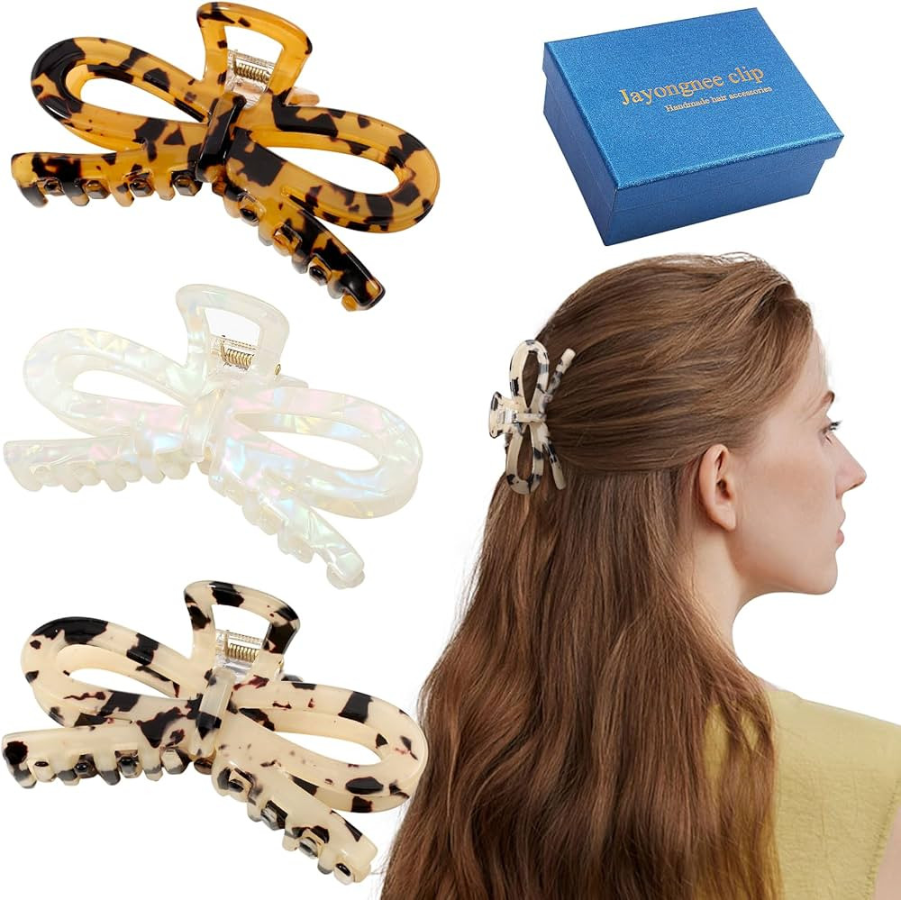 Jayongnee 3 PCS Bow Hair Claw Clips for Women - Non-Slip Hair Clamps for Thin or Thick Hair - Cut... | Amazon (US)