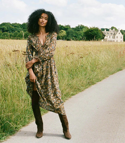 DÄ?EN Delfina Dress -- Noir Narcissus Floral - Size - Xxs Cotton Print Floral Print Fitted Prairie Vintage-inspired Effortless | DOEN