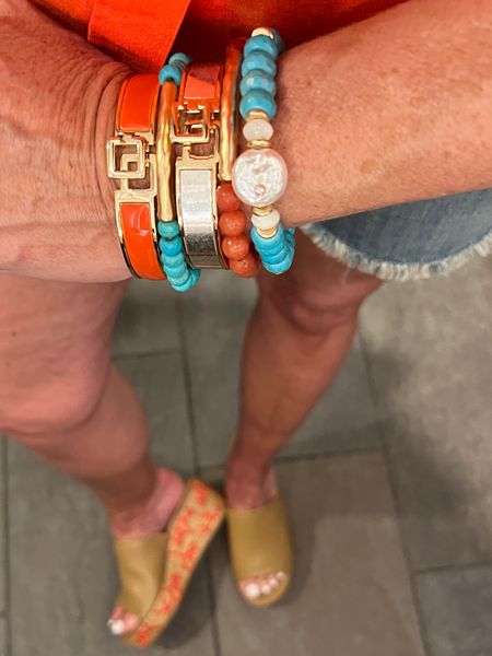 Outfit details ✔️

Arm stack - cutest mixture of cuffs and stretch bracelets  orange and gold/ turquoise and gold and well as gold and acrylic 

Frayed denim shorts by Chicos 

Orange Coral detail on tan wedge tts
Cutest slide sandal wedge



#LTKStyleTip #LTKSaleAlert #LTKFindsUnder50
