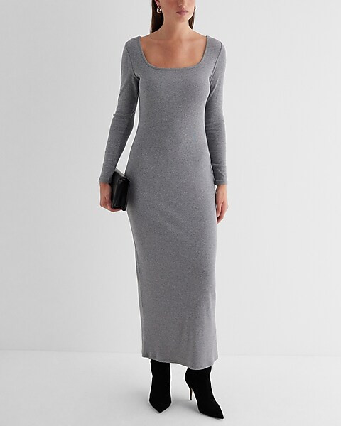 Ribbed Square Neck Long Sleeve Maxi Dress | Express