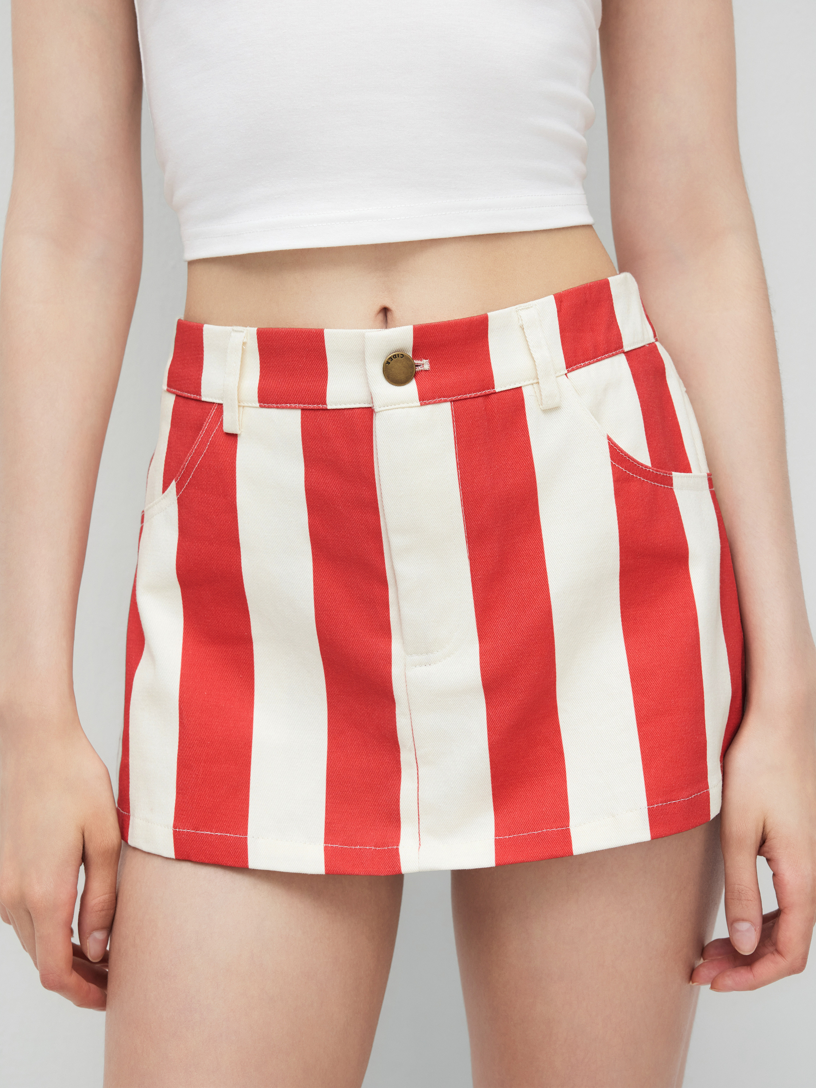 Woven Cotton Low Rise Stripe Pocket Mini Skirt For Vacation | Cider