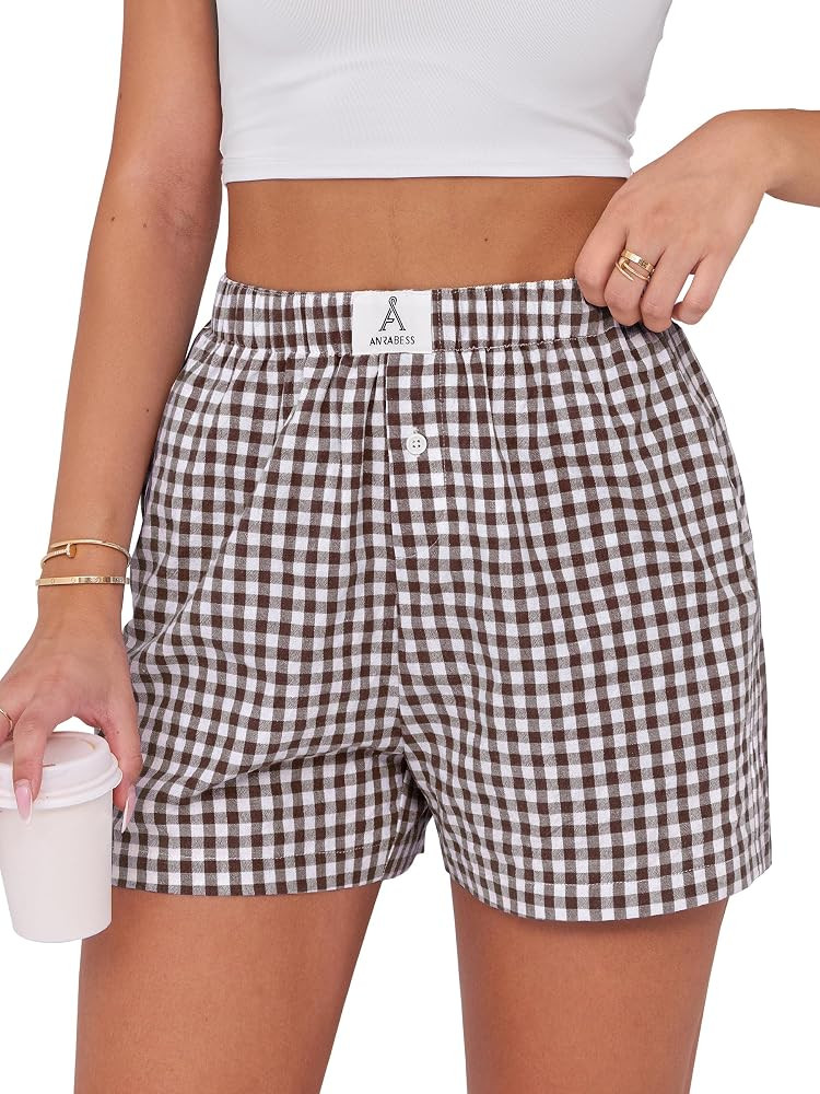 ANRABESS Boxer Shorts for Women Gingham Pajama 2026 Summer Casual Lounge Sleep Plaid Shorts Y2K B... | Amazon (US)