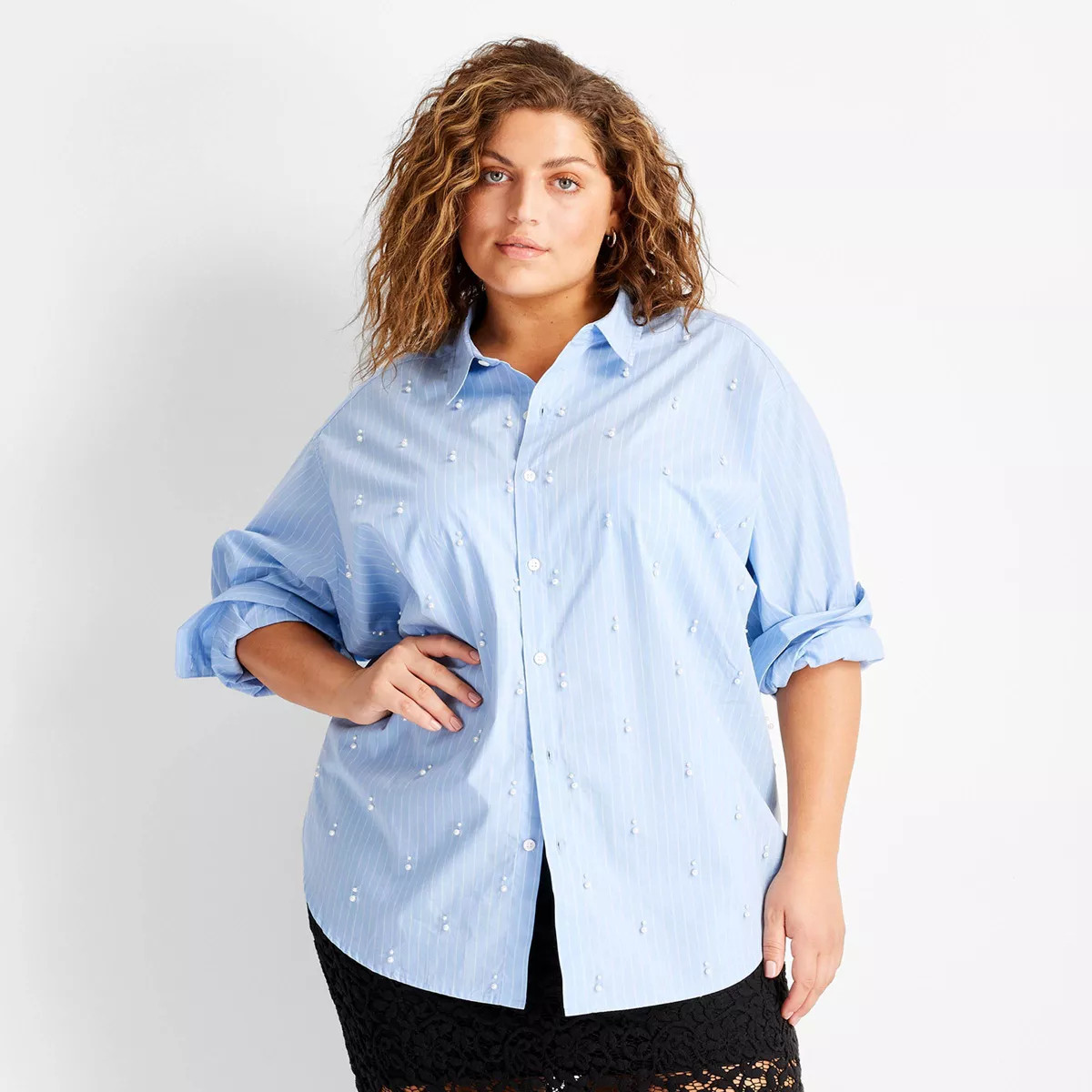 Women's Long Sleeve Collared Embellished Asymmetrical Button-Down Shirt - Future Collective | Target