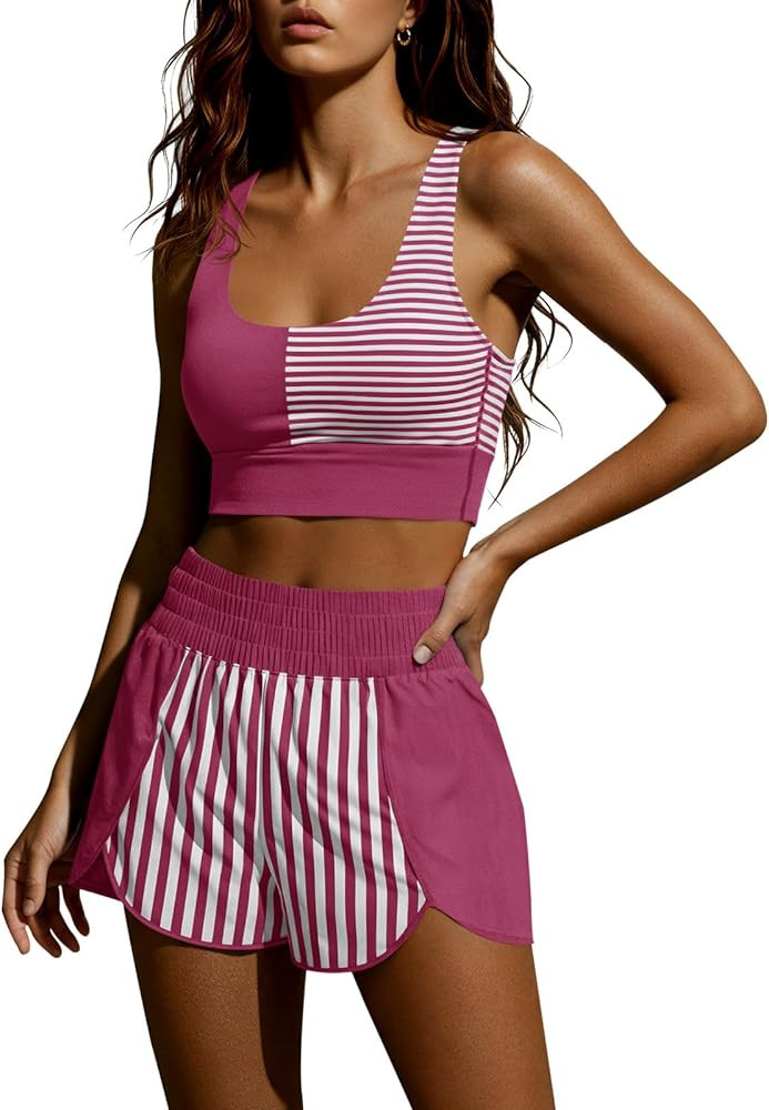 Fisoew Womens Two Piece Workout Outfits Cropped Tank Top Color Block Gym Yoga Athletic Short Sets... | Amazon (US)