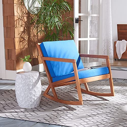 Safavieh Outdoor Collection Vernon Wood Cushion Rocking Chair PAT7013K, Natural/Royal Blue | Amazon (US)