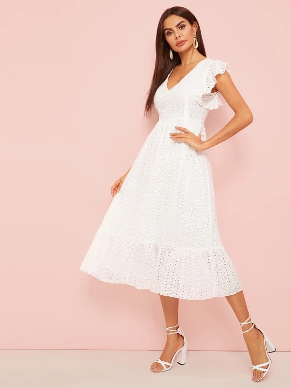 Eyelet Embroidered Ruffle Hem Midi Dress | SHEIN