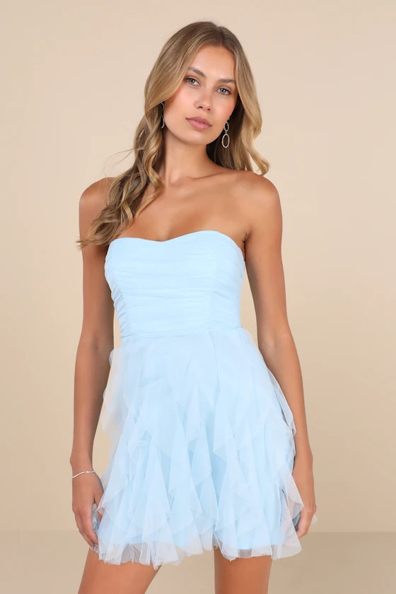 Delightful Beauty Light Blue Mesh Strapless Ruffled Mini Dress | Lulus