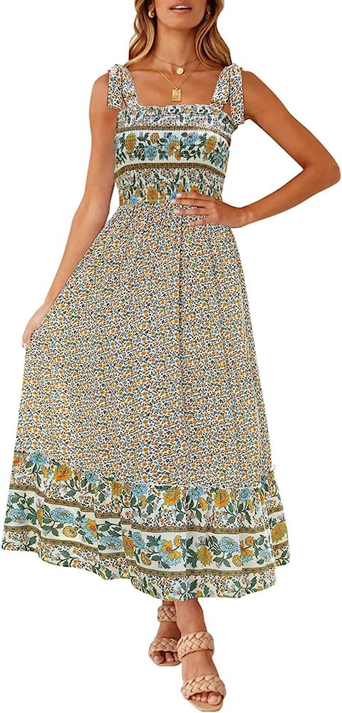 ZESICA Women's 2023 Summer Boho Spaghetti Strap Square Neck Solid Color Ruffle A Line Beach Long ... | Amazon (US)